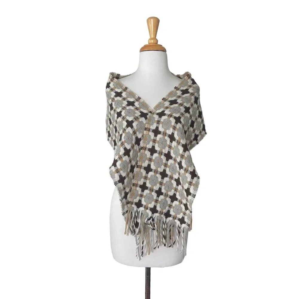 Women's Scarf Shawl Wrap 30% Wool Made in Italy Woven Brown Grey Fringe 68 x 10